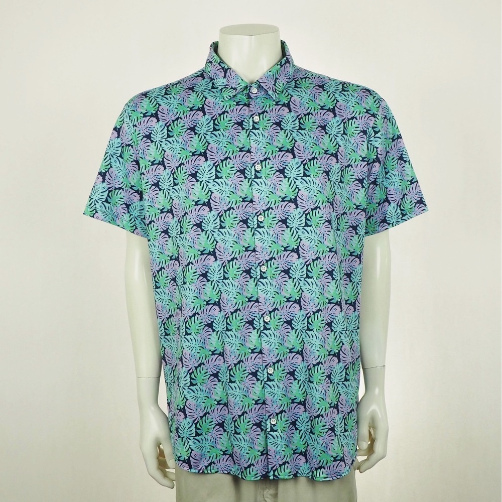 Mizzen+Main Halyard Button Down Shirt Mens 2XL XXL Blue Floral Monstera Leaf